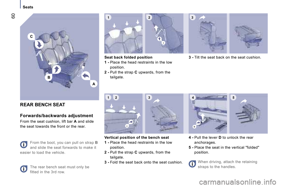 Peugeot 807 Dag 2007  Owners Manual �1 �2 �3
�1 �2 �3 �4
�A
�C
�B
�D
�5
�c
�c
�S�e�a�t�s
�R�E�A�R� �B�E�N�C�H� �S�E�A�T
�F�o�r�w�a�r�d�s�/�b�a�c�k�w�a�r�d�s� �a�d�j�u�s�t�m�e�n�t
�F�r�o�m� �t�h�e� �s�e�a�t� �c�u�s�h�i�o�n�,� �l�i�f�t� �