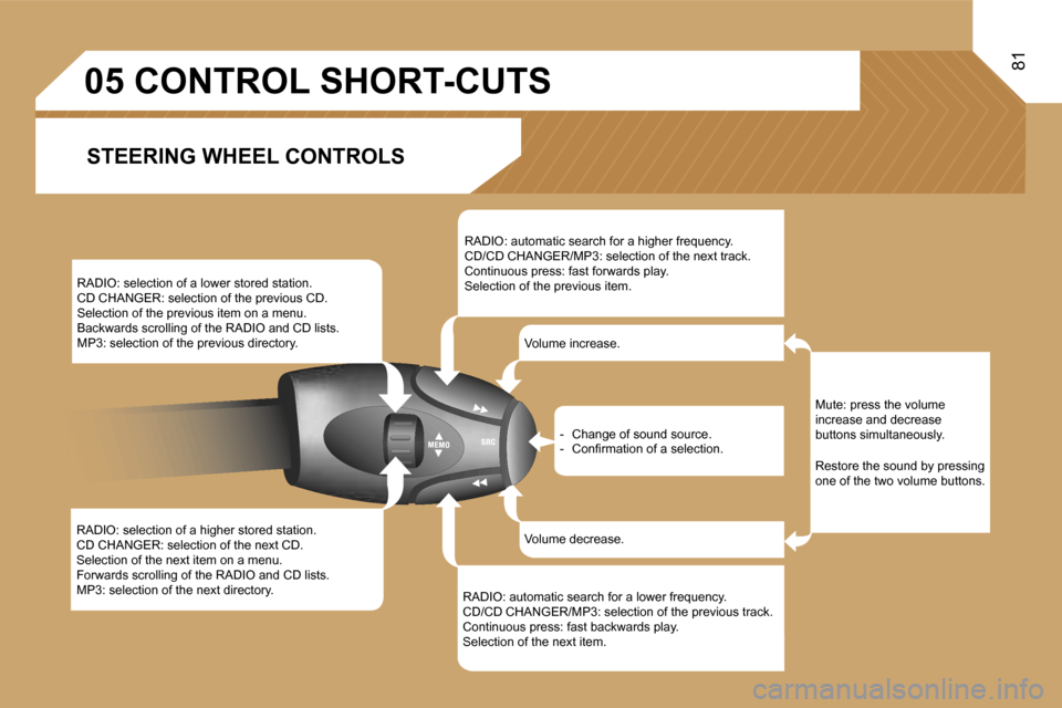 Peugeot 807 Dag 2007  Owners Manual �8�1
�R�A�D�I�O�:� �s�e�l�e�c�t�i�o�n� �o�f� �a� �h�i�g�h�e�r� �s�t�o�r�e�d� �s�t�a�t�i�o�n�. 
�C�D� �C�H�A�N�G�E�R�:� �s�e�l�e�c�t�i�o�n� �o�f� �t�h�e� �n�e�x�t� �C�D�.
�S�e�l�e�c�t�i�o�n� �o�f� �t�h