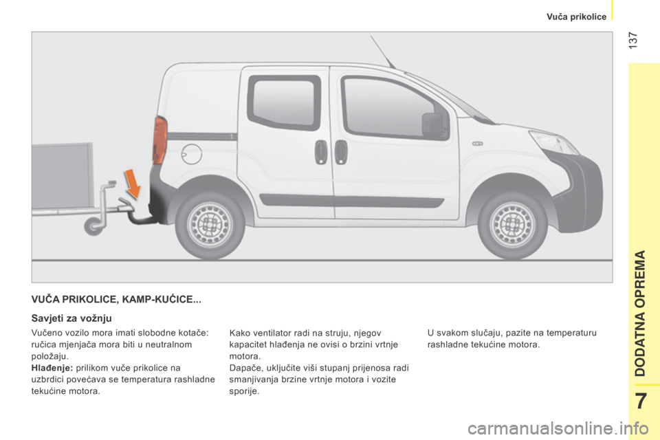 Peugeot Bipper 2015  Vodič za korisnike (in Croatian)  137
Bipper_hr_Chap07_accessoire_ed02-2014
VUČA PRIKOLICE, KAMP-KUĆICE...
Savjeti za vožnju
Kako ventilator radi na struju, njegov 
kapacitet hlađenja ne ovisi o brzini vrtnje 
motora.
Dapače, uk