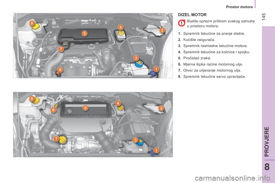 Peugeot Bipper 2015  Vodič za korisnike (in Croatian)  145
Bipper_hr_Chap08_verifications_ed02-2014
DIZEL MOTOR
Budite oprezni prilikom svakog zahvata 
u prostoru motora.
1.
 
Spremnik tekućine za pranje stakla.
2.

 
Kućište osigurača.
3.

 
Spremni
