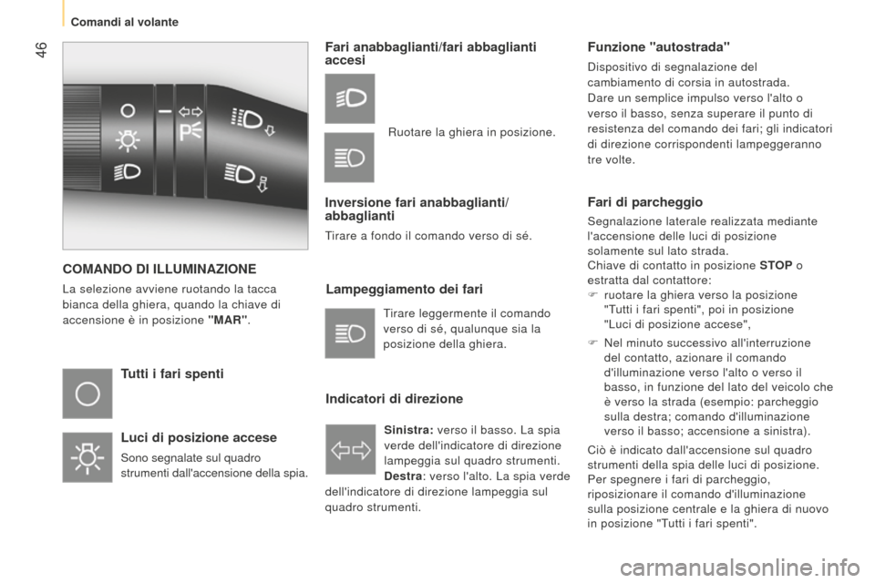 Peugeot Bipper 2015 Manuale del proprietario (in Italian) 46
Bipper_it_Chap03_pret-a-partir_ed02-2014
COMANDO DI ILLUMINAZIONE
La selezione avviene ruotando la tacca
bianca della ghiera, quando la chiave di
accensione è in posizione "MAR".
Tutti i fari s Peugeot Bipper 2015 Manuale del proprietario (in Italian) 46
Bipper_it_Chap03_pret-a-partir_ed02-2014
COMANDO DI ILLUMINAZIONE
La selezione avviene ruotando la tacca
bianca della ghiera, quando la chiave di
accensione è in posizione "MAR".
Tutti i fari s