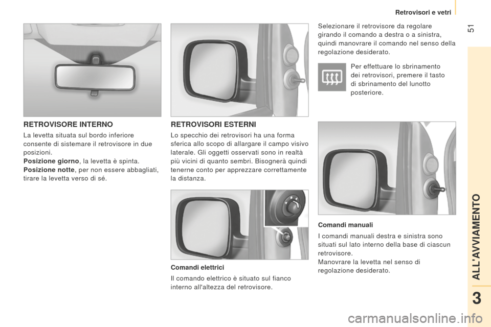 Peugeot Bipper 2015 Manuale del proprietario (in Italian) 51
Bipper_it_Chap03_pret-a-partir_ed02-2014
RETROVISORE INTERNORETROVISORI ESTERNI
Comandi elettrici
Il comando elettrico è situato sul fianco
interno allaltezza del retrovisore. Per effettuare Peugeot Bipper 2015 Manuale del proprietario (in Italian) 51
Bipper_it_Chap03_pret-a-partir_ed02-2014
RETROVISORE INTERNORETROVISORI ESTERNI
Comandi elettrici
Il comando elettrico è situato sul fianco
interno allaltezza del retrovisore. Per effettuare