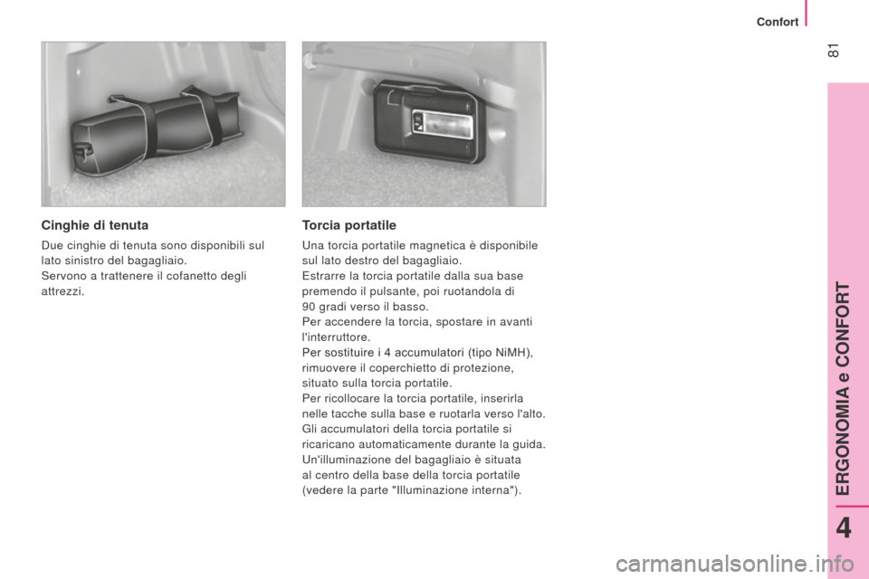 Peugeot Bipper 2015  Manuale del proprietario (in Italian)  81
Bipper_it_Chap04_ergonomie_ed02-2014
Cinghie di tenuta
Due cinghie di tenuta sono disponibili sul 
lato sinistro del bagagliaio.
Servono a trattenere il cofanetto degli 
attrezzi.
Torcia portatile
