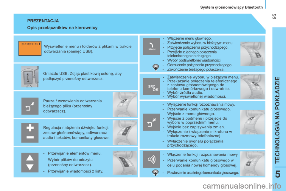 Peugeot Bipper 2015  Instrukcja Obsługi (in Polish)  95
Bipper_pl_Chap05_technologie_ed02-2014
PREZENTACjA
Regulacja natężenia dźwięku funkcji: 
zestaw głośnomówiący, odtwarzacz 
audio i tekstów, komunikaty głosowe. Pauza / wznowienie odtwarz