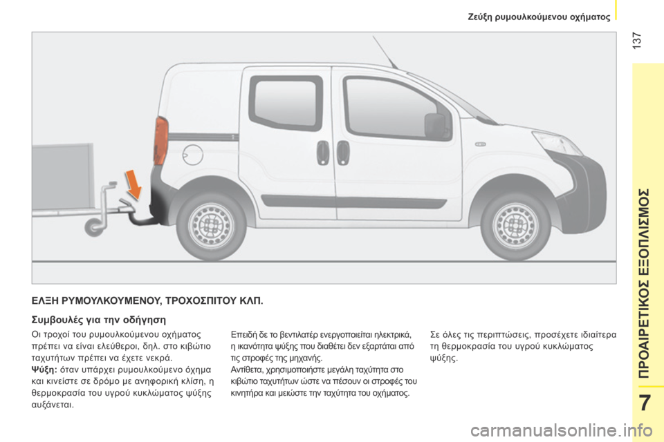Peugeot Bipper 2015  Εγχειρίδιο χρήσης (in Greek)  137
Bipper_el_Chap07_accessoire_ed02-2014
ΕΛΞΗ ΡΥΜΟΥΛΚΟΥΜΕΝΟΥ, ΤΡΟΧΟΣΠΙΤΟΥ ΚΛΠ.
Συμβουλές για την οδήγηση
Επειδή δε το βεντιλατ