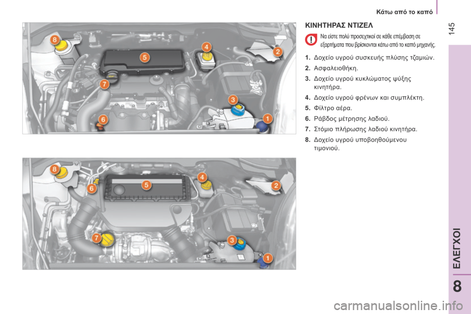 Peugeot Bipper 2015  Εγχειρίδιο χρήσης (in Greek)  145
Bipper_el_Chap08_verifications_ed02-2014
ΚΙΝΗΤΗΡΑΣ ΝΤΙΖΕΛ
Να είστε πολύ προσεχτικοί σε κάθε επέμβαση σε 
εξαρτήματα που βρίσ