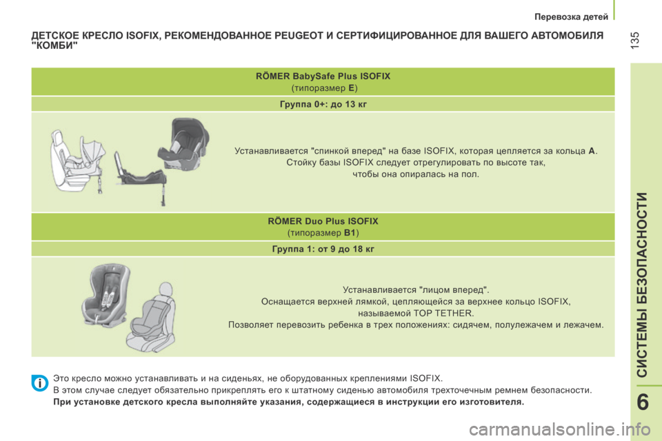 Peugeot Bipper 2015  Инструкция по эксплуатации (in Russian)  135
Bipper_ru_Chap06_securite_ed02-2014
RÖMER BabySafe Plus ISOFIX 
 (типоразмер E )
Группа 0+: до 13 кг
Устанавливается "спинкой вперед" на баз