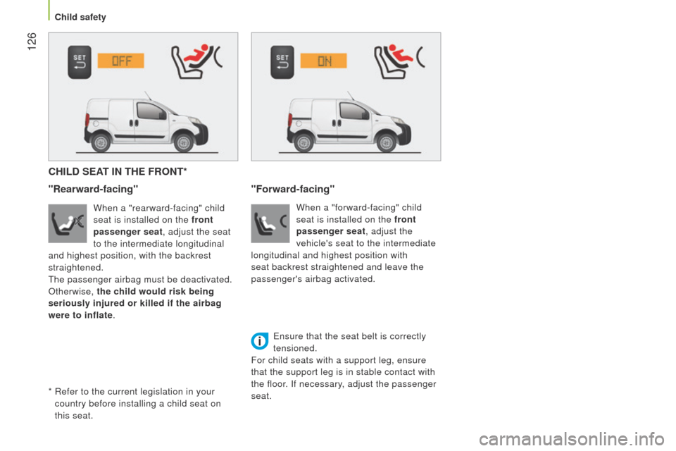 Peugeot Bipper 2014.5  Owners Manual - RHD (UK, Australia)  126
Bipper_en_Chap06_securite_ed02-2014
CHILD SEAT IN THE FRONT*
"Rearward-facing"
When a "rearward-facing" child 
seat is installed on the front 
passenger seat, adjust the seat 
to the intermediate