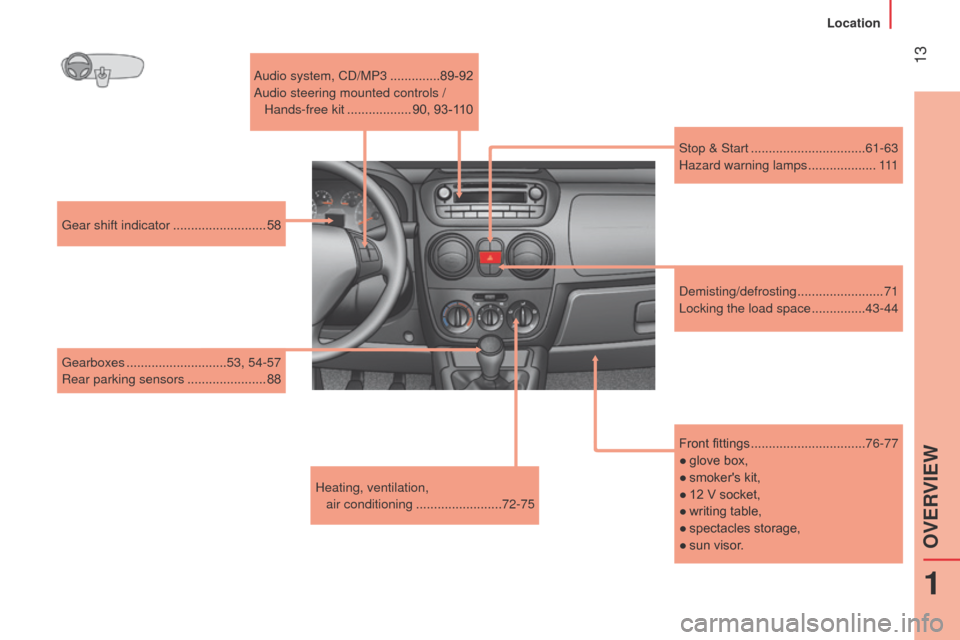 Peugeot Bipper 2014.5  Owners Manual - RHD (UK, Australia)  13
Bipper_en_Chap01_vue-ensemble_ed02-2014
Front fittings ................................76-77
●  
glove box,
●

 
smokers kit,
●

 
12 V socket,
●

 
writing table,
●

 
spectacles stora