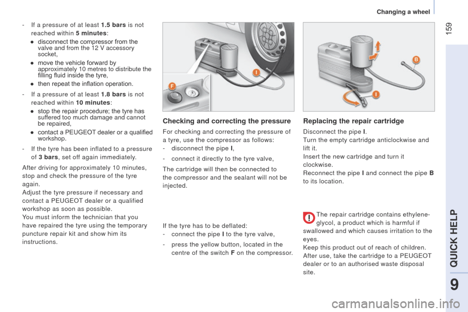 Peugeot Bipper 2014.5  Owners Manual - RHD (UK, Australia)  159
Bipper_en_Chap09_aide-rapide_ed02-2014
- If a pressure of at least 1.5 bars is not 
reached within 5 minutes:
●
 
disconnect the compressor from the 
valve and from the 12 V accessory 
socket,
