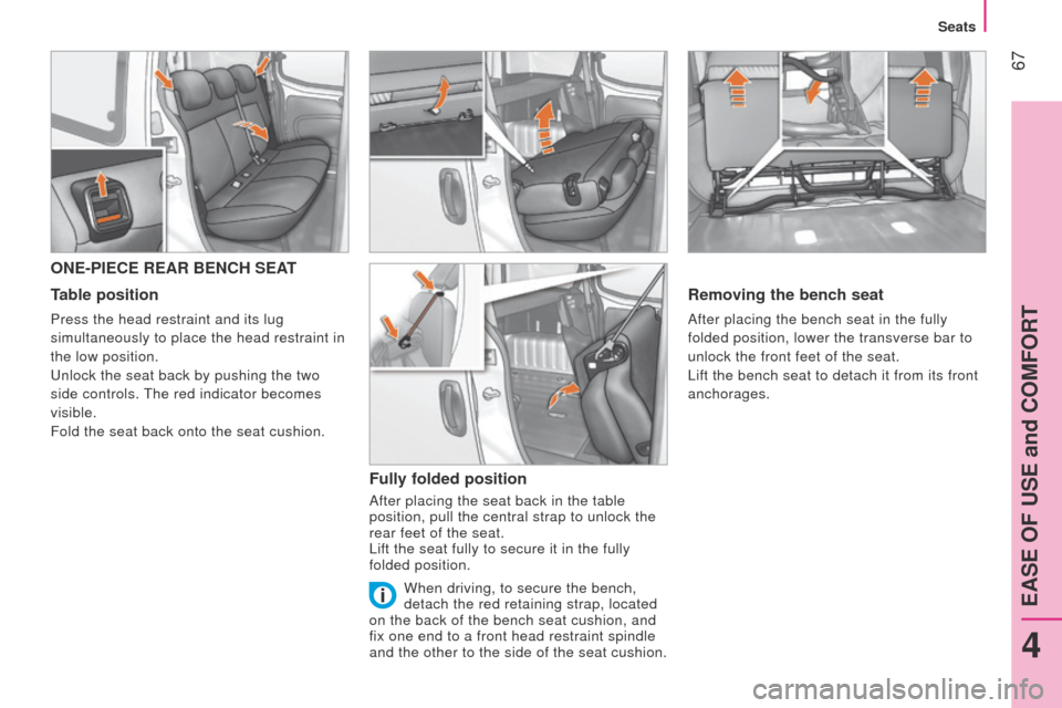 Peugeot Bipper 2014.5  Owners Manual - RHD (UK, Australia)  67
Bipper_en_Chap04_ergonomie_ed02-2014
ONE-PIECE REAR BENCH SEAT
Table position
Press the head restraint and its lug 
simultaneously to place the head restraint in 
the low position.
u
nlock the sea