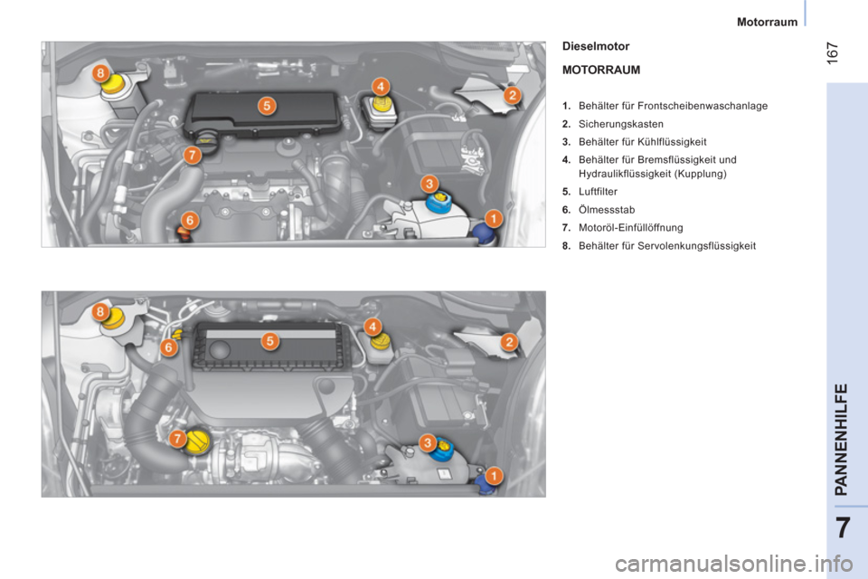 Peugeot Bipper 2014  Betriebsanleitung (in German)  167
7
PANNENHILFE
 
 
 
Motorraum  
 
   
Dieselmotor  
  MOTORRAUM 
 
 
 
 
1.   Behälter für Frontscheibenwaschanlage 
   
2.  Sicherungskasten  
   
3.   Behälter für Kühlflüssigkeit 
   
4.