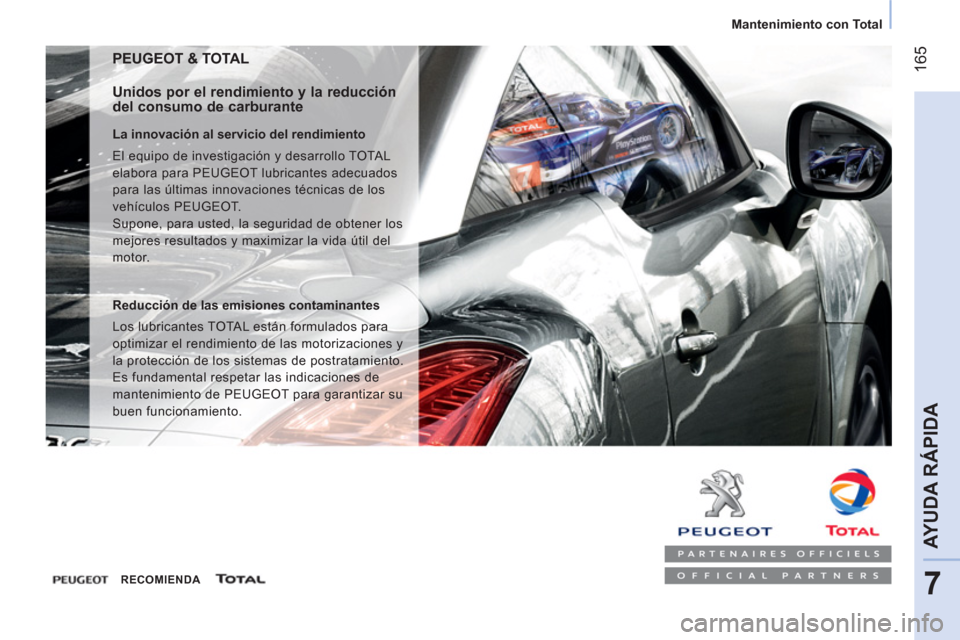 Peugeot Bipper 2014  Manual del propietario (in Spanish)  165
7
AYUDA RÁPIDA
 
 
 Mantenimiento con Total 
 
 
 
PEUGEOT & TOTAL 
 
 
Unidos por el rendimiento y la reducción 
del consumo de carburante 
   
La innovación al servicio del rendimiento 
  El