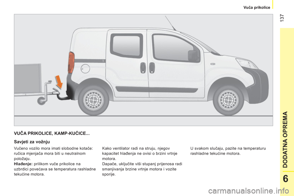 Peugeot Bipper 2014  Vodič za korisnike (in Croatian)  137
6
DODATNA OPREMA
 
 
 
Vuča prikolice  
 
 
VUČA PRIKOLICE, KAMP-KUĆICE... 
 
 
Savjeti za vožnju 
 
Kako ventilator radi na struju, njegov 
kapacitet hlađenja ne ovisi o brzini vrtnje 
moto