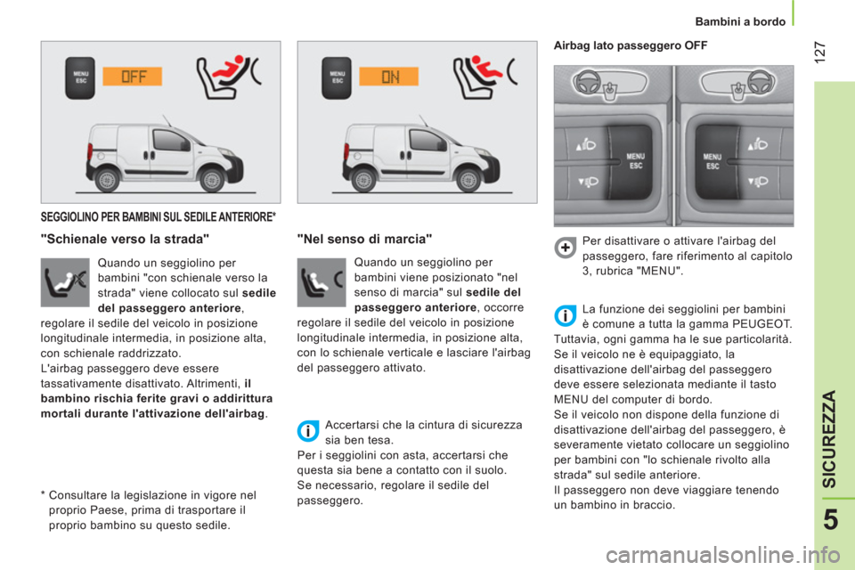 Peugeot Bipper 2014 Manuale del proprietario (in Italian) 127
5
SICUREZZA
Bambini a bordo
SEGGIOLINO PER BAMBINI SUL SEDILE ANTERIORE *
"Schienale verso la strada"
Quando un seggiolino per
bambini "con schienale verso Peugeot Bipper 2014 Manuale del proprietario (in Italian) 127
5
SICUREZZA
Bambini a bordo
SEGGIOLINO PER BAMBINI SUL SEDILE ANTERIORE *
"Schienale verso la strada"
Quando un seggiolino per
bambini "con schienale verso