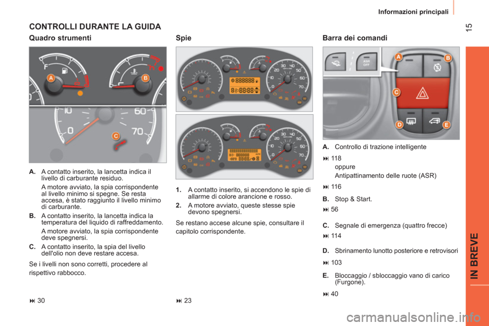 Peugeot Bipper 2014 Manuale del proprietario (in Italian) 15
IN BREVE
Informazioni principali
CONTROLLI DURANTE LA GUIDA
Quadro strumenti
Barra dei comandi
A.
A contatto inserito, la lancetta indica il
livello di carburante residuo. Peugeot Bipper 2014 Manuale del proprietario (in Italian) 15
IN BREVE
Informazioni principali
CONTROLLI DURANTE LA GUIDA
Quadro strumenti
Barra dei comandi
A.
A contatto inserito, la lancetta indica il
livello di carburante residuo.