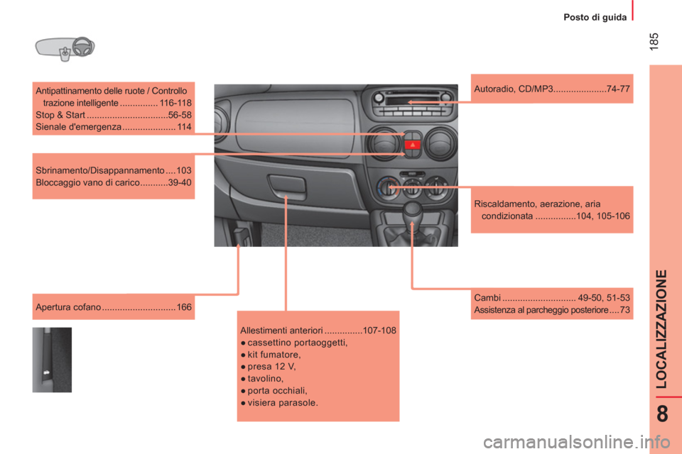 Peugeot Bipper 2014  Manuale del proprietario (in Italian)  185
8
LOCALIZZAZIONE
 
 
 
Posto di guida  
 
  Antipattinamento delle ruote / Controllo 
trazione intelligente ............... 116-118 
  Stop & Start ................................56-58 
  Sienal