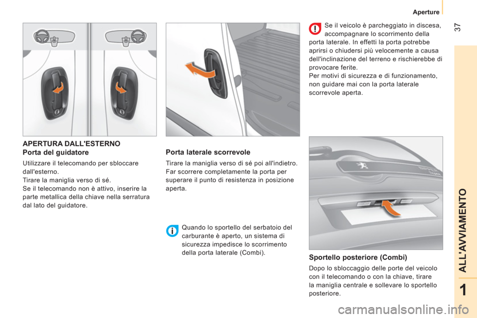 Peugeot Bipper 2014 Manuale del proprietario (in Italian) 37
1
ALLAVVIAMENTO
Aperture
APERTURA DALLESTERNO
Porta del guidatore
Utilizzare il telecomando per sbloccare
dallesterno.
Tirare la maniglia verso di sé.
Se il telecoma Peugeot Bipper 2014 Manuale del proprietario (in Italian) 37
1
ALLAVVIAMENTO
Aperture
APERTURA DALLESTERNO
Porta del guidatore
Utilizzare il telecomando per sbloccare
dallesterno.
Tirare la maniglia verso di sé.
Se il telecoma
