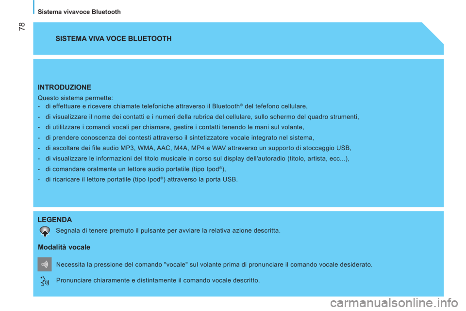 Peugeot Bipper 2014 Manuale del proprietario (in Italian)
78
Sistema vivavoce Bluetooth
INTRODUZIONE
Questo sistema permette:
- di effettuare e ricevere chiamate telefoniche attraverso il Bluetooth® del tefefono cellulare,
- di Peugeot Bipper 2014 Manuale del proprietario (in Italian)
78
Sistema vivavoce Bluetooth
INTRODUZIONE
Questo sistema permette:
- di effettuare e ricevere chiamate telefoniche attraverso il Bluetooth® del tefefono cellulare,
- di