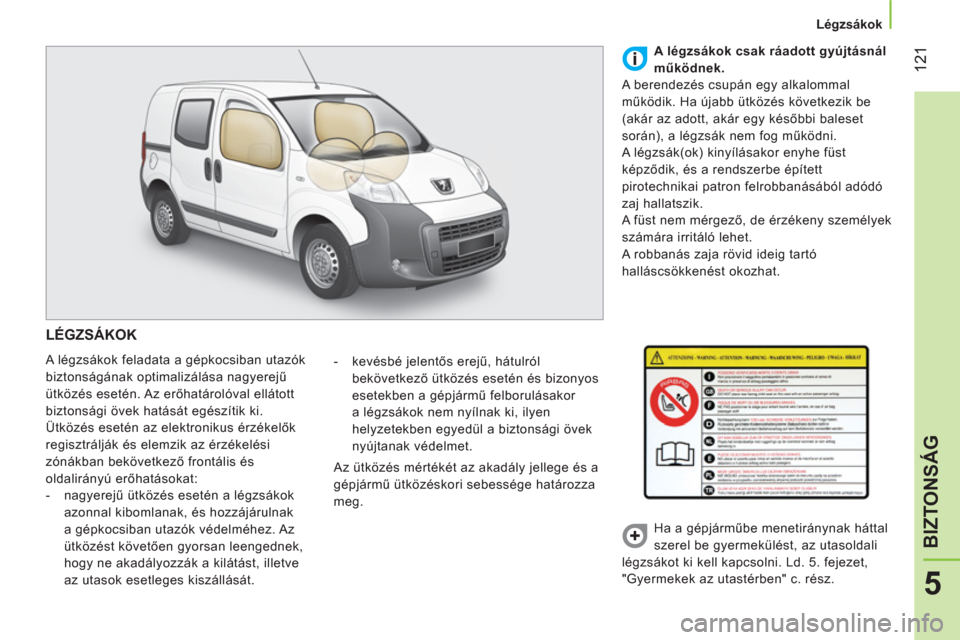 Peugeot Bipper 2014 Kezelési útmutató (in Hungarian) 121
5
BIZTONSÁG
Légzsákok
LÉGZSÁKOK
A légzsákok feladata a gépkocsiban utazók
biztonságának optimalizálása nagyerejű
ütközés esetén. Az erőhatárolóval ellátott Peugeot Bipper 2014 Kezelési útmutató (in Hungarian) 121
5
BIZTONSÁG
Légzsákok
LÉGZSÁKOK
A légzsákok feladata a gépkocsiban utazók
biztonságának optimalizálása nagyerejű
ütközés esetén. Az erőhatárolóval ellátott