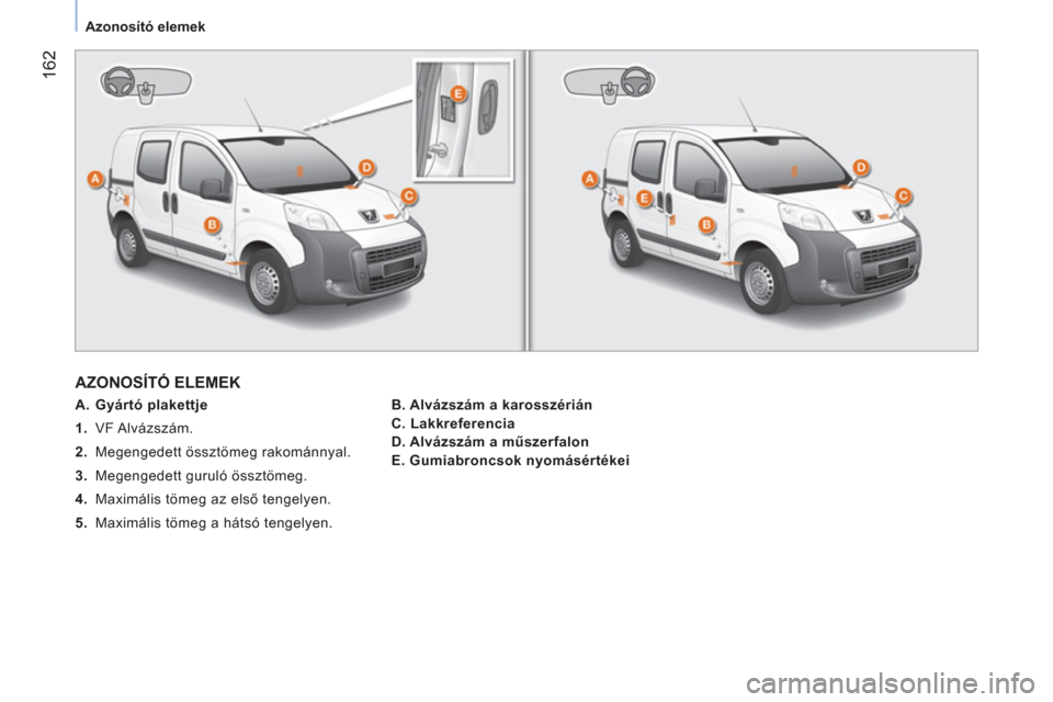 Peugeot Bipper 2014  Kezelési útmutató (in Hungarian)  162
 
 
 
Azonosító elemek  
 
 
AZONOSÍTÓ ELEMEK 
 
 
 
A. Gyártó plakettje  
   
 
1. 
 VF Alvázszám. 
   
2. 
  Megengedett össztömeg rakománnyal. 
   
3. 
  Megengedett guruló összt