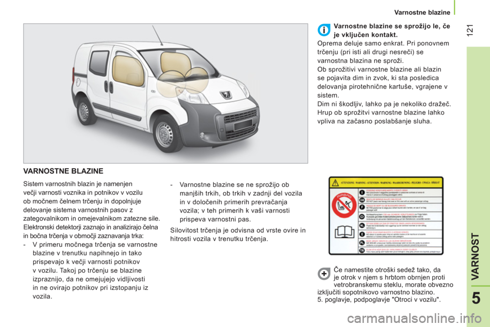 Peugeot Bipper 2014 Priročnik za lastnika (in Slovenian) 121
5
VARNOST
Varnostne blazine
VARNOSTNE BLAZINE
Sistem varnostnih blazin je namenjen
večji varnosti voznika in potnikov v vozilu
ob močnem čelnem trčenju in dopolnjuje
delovan Peugeot Bipper 2014 Priročnik za lastnika (in Slovenian) 121
5
VARNOST
Varnostne blazine
VARNOSTNE BLAZINE
Sistem varnostnih blazin je namenjen
večji varnosti voznika in potnikov v vozilu
ob močnem čelnem trčenju in dopolnjuje
delovan