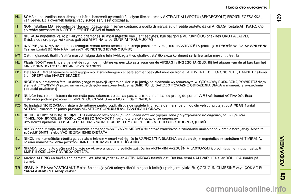 Peugeot Bipper 2014  Εγχειρίδιο χρήσης (in Greek) HU SOHA ne használjon menetiránynak háttal beszerelt gyermekülést olyan ülésen, amely AKTIVÁLT ÁLLAPOTÚ (BEKAPCSOLT) FRONTLÉGZSÁKKAL 
van védve. Ez a gyermek halálát vagy súlyos sérü