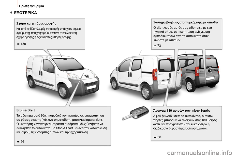 Peugeot Bipper 2014  Εγχειρίδιο χρήσης (in Greek)  4
 
Πρώτη γνωριμία 
 
ΕΞΩΤΕΡΙΚΑ 
 
 
 
Σχάρα και μπάρες οροφής 
 
Και από τις δύο πλευρές της οροφής υπάρχουν σημεί
