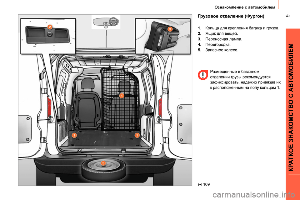 Peugeot Bipper 2014  Инструкция по эксплуатации (in Russian)  9
КРАТКОЕ ЗНАКОМСТВО С АВТОМОБИЛЕМ
 
Ознакомление с автомобилем 
 
 
Грузовое отделение (Фургон) 
 
 
 
1. 
 Кольца 