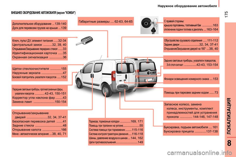 Peugeot Bipper 2014  Инструкция по эксплуатации (in Russian)  175
8
ЛОКАЛИЗАЦИЯ
 
 
 
Наружное оборудование автомобиля 
 
 
 
 
ВНЕШНЕЕ ОБОРУДОВАНИЕ АВТОМОБИЛЯ (версия "КОМБИ") 
 
