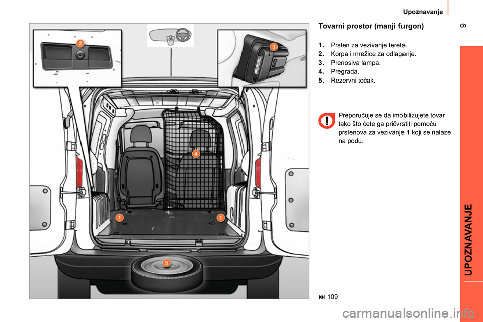 Peugeot Bipper 2014  Упутство за употребу (in Serbian)  9
UPOZNAVANJE
 
Upoznavanje 
 
 
Tovarni prostor (manji furgon) 
 
 
 
1. 
  Prsten za vezivanje tereta. 
   
2. 
  Korpa i mrežice za odlaganje. 
   
3. 
 Prenosiva lampa. 
   
4. 
 Pregrada. 
   
