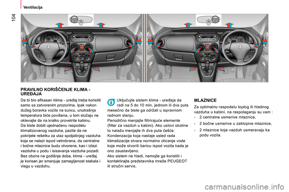Peugeot Bipper 2014 Упутство за употребу (in Serbian) 104
Ventilacija
PRAVILNO KORIŠĆENJE KLIMA -
UREĐAJA
Uključujte sistem klima - uređaja da
radi na 5 do 10 min, jednom ili dva puta
mesečno da biste ga održali u ispravnom
rad Peugeot Bipper 2014 Упутство за употребу (in Serbian) 104
Ventilacija
PRAVILNO KORIŠĆENJE KLIMA -
UREĐAJA
Uključujte sistem klima - uređaja da
radi na 5 do 10 min, jednom ili dva puta
mesečno da biste ga održali u ispravnom
rad