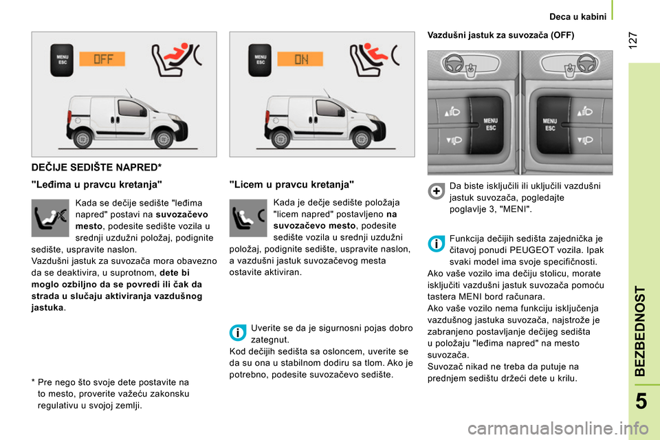 Peugeot Bipper 2014 Упутство за употребу (in Serbian) 127
5
BEZBEDNOST
Deca u kabini
DEČIJE SEDIŠTE NAPRED *
"Leđima u pravcu kretanja"
Kada se dečije sedište "leđima
napred" postavi na suvozačevo
mesto
Peugeot Bipper 2014 Упутство за употребу (in Serbian) 127
5
BEZBEDNOST
Deca u kabini
DEČIJE SEDIŠTE NAPRED *
"Leđima u pravcu kretanja"
Kada se dečije sedište "leđima
napred" postavi na suvozačevo
mesto