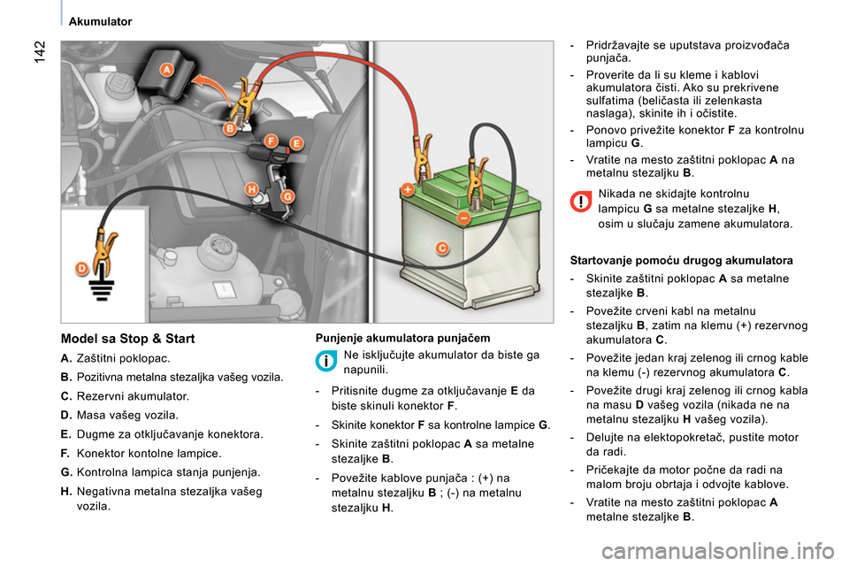 Peugeot Bipper 2014 Упутство за употребу (in Serbian) 142
Akumulator
Model sa Stop & Start
A.
Zaštitni poklopac.
B.
Pozitivna metalna stezaljka vašeg vozila.
C.
Rezervni akumulator.
D.
Masa vašeg vozila. Peugeot Bipper 2014 Упутство за употребу (in Serbian) 142
Akumulator
Model sa Stop & Start
A.
Zaštitni poklopac.
B.
Pozitivna metalna stezaljka vašeg vozila.
C.
Rezervni akumulator.
D.
Masa vašeg vozila.