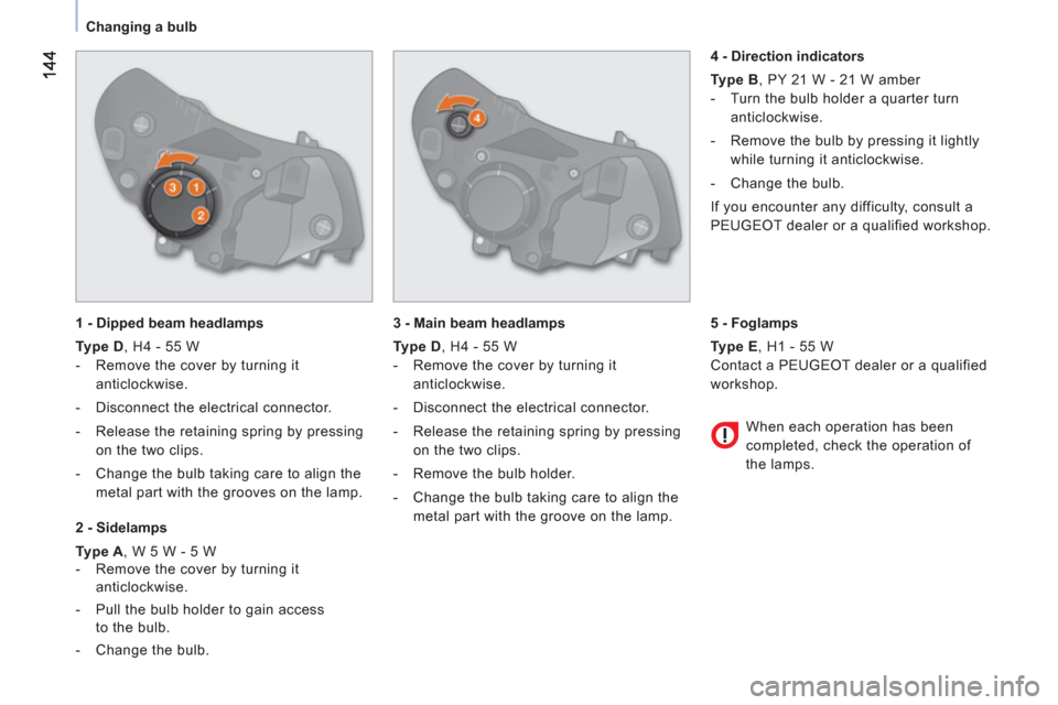 Peugeot Bipper 2011 Owners Manual - RHD (UK, Australia) Changing a bulb
1 - Dipped beam headlamps
Type D
, H4 - 55 W
- Remove the cover by turning it
anticlockwise.
- Disconnect the electrical connector.
- Release the reta Peugeot Bipper 2011 Owners Manual - RHD (UK, Australia) Changing a bulb
1 - Dipped beam headlamps
Type D
, H4 - 55 W
- Remove the cover by turning it
anticlockwise.
- Disconnect the electrical connector.
- Release the reta