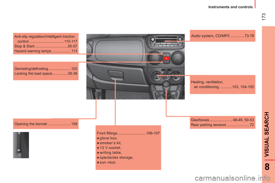 Peugeot Bipper 2011  Owners Manual - RHD (UK, Australia) 17
3
8
VISUAL SEARCH 
   
 
Instruments and controls
  Anti-slip regulation/Intelligent traction 
control .................................. 115-117 
  Stop & Start ................................55-