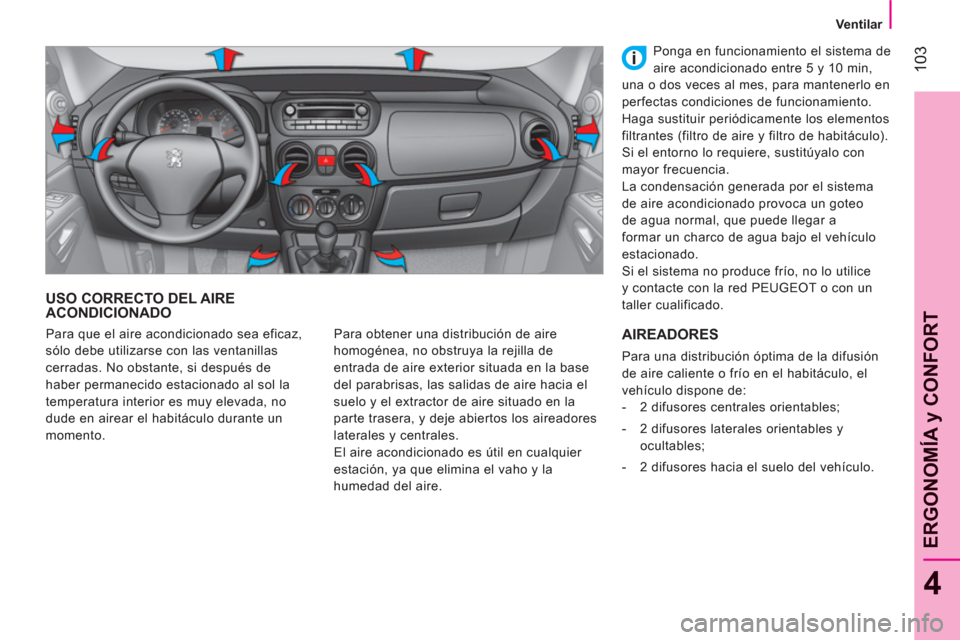 Peugeot Bipper 2011  Manual del propietario (in Spanish) 103
4
ERGONOMÍA 
y CONFOR
T
   
 
 
 
 
Ventilar  
 
 
 
 
USO CORRECTO DEL AIREACONDICIONADO
 
Para obtener una distribución de aire 
homogénea, no obstruya la rejilla de 
entrada de aire exterior