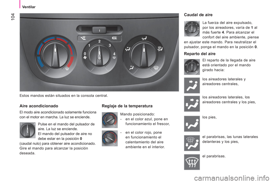 Peugeot Bipper 2011  Manual del propietario (in Spanish) 104
   
 
 
 
 
Ventilar  
 
 
 
 
   
Estos mandos están situados en la consola central.  
 
 
Aire acondicionado 
 
El modo aire acondicionado solamente funciona 
con el motor en marcha. La luz se 