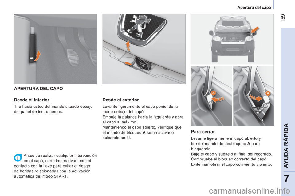 Peugeot Bipper 2011  Manual del propietario (in Spanish) 159
7
AYUDA RÁPID
A
   
 
Apertura del capó  
 
 
 
 
APERTURA DEL CAPÓ 
   
Desde el interior 
 
Tire hacia usted del mando situado debajo 
del panel de instrumentos.  
 
 
Desde el exterior 
 
Le