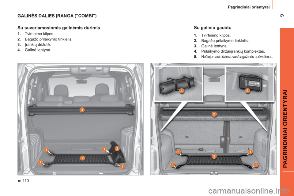 Peugeot Bipper 2011  Savininko vadovas (in Lithuanian) 9
PAGRINDINIAI ORIENTYRAI
  Pagrindiniai orientyrai 
 
GALINĖS DALIES ĮRANGA ("COMBI") 
 
 
 
� 
 110  
 
 
Su suveriamosiomis galinėmis durimis  
 
 
 
1. 
 Tvirtinimo kilpos. 
   
2. 
  Bagažo 