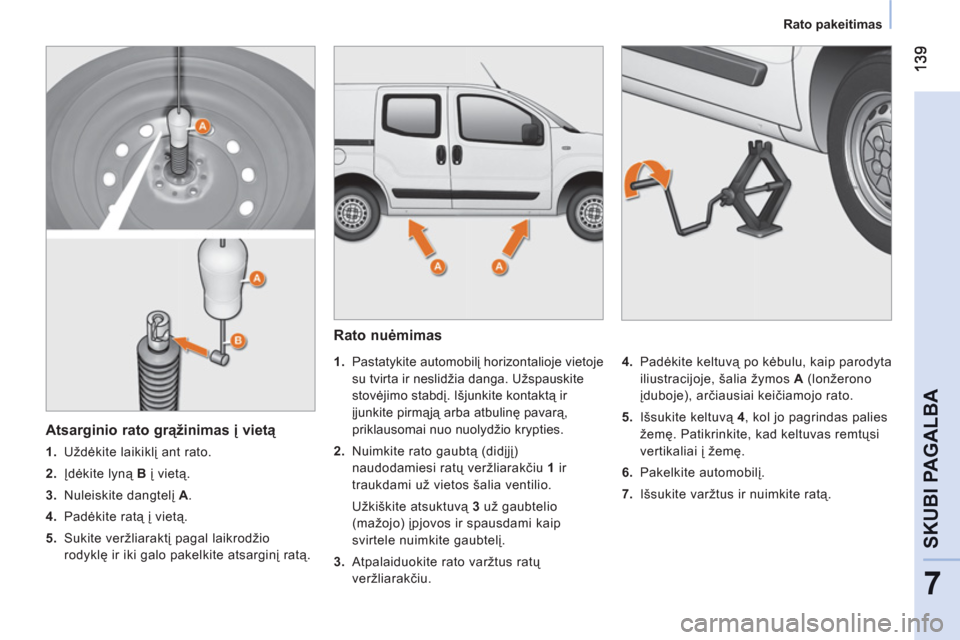 Peugeot Bipper 2011  Savininko vadovas (in Lithuanian) 7
SKUBI PAGALBA
   
 
Rato pakeitimas  
 
 
 
Rato nuėmimas 
 
 
 
 
1. 
 Pastatykite automobilį horizontalioje vietoje 
su tvirta ir neslidžia danga. Užspauskite 
stovėjimo stabdį. Išjunkite k