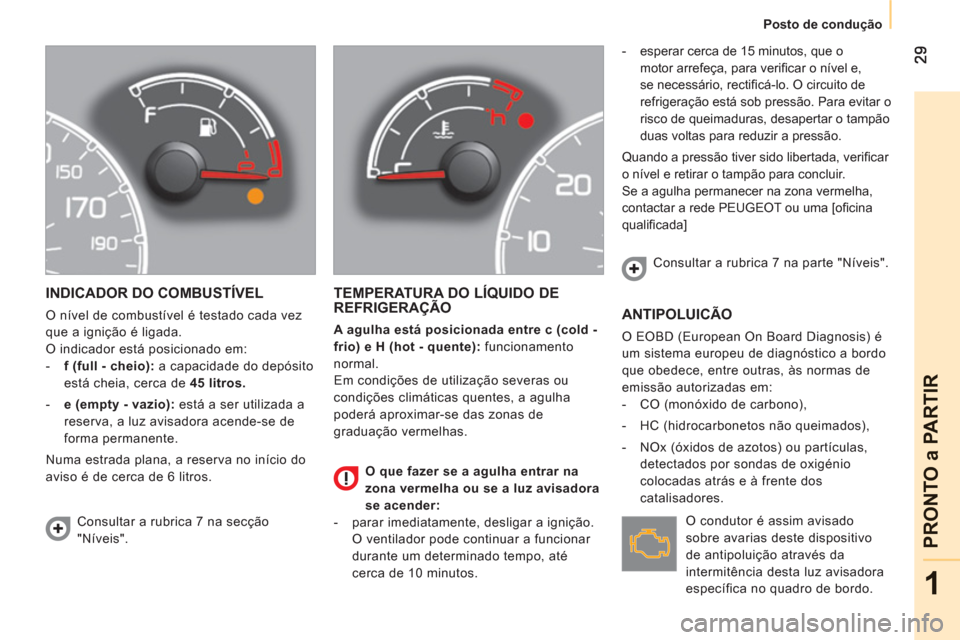 Peugeot Bipper 2011  Manual do proprietário (in Portuguese) 1
PRONTO a PARTIR
   
 
Posto de condução
INDICADOR DO COMBUSTÍVEL 
 
O nível de combustível é testado cada vez 
que a ignição é ligada. 
  O indicador está posicionado em: 
   
 
-   f (ful