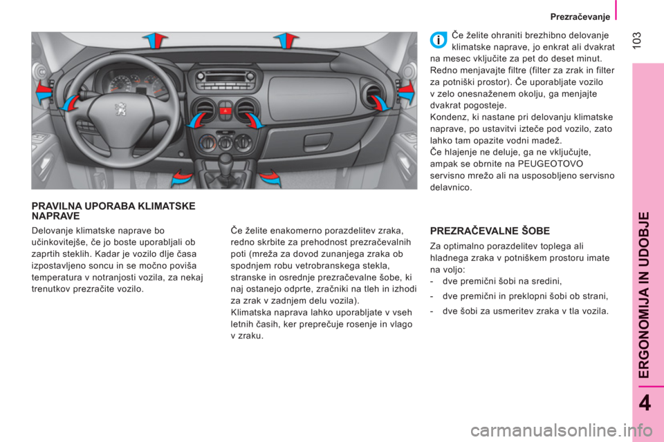 Peugeot Bipper 2011 Priročnik za lastnika (in Slovenian) 103
4
ERGONOMIJA IN UDOBJ
E
Prezračevanje
PRAVILNA UPORABA KLIMATSKE NAPRAVE
Če želite enakomerno porazdelitev zraka,
redno skrbite za prehodnost prezračevalnih
poti (mre Peugeot Bipper 2011 Priročnik za lastnika (in Slovenian) 103
4
ERGONOMIJA IN UDOBJ
E
Prezračevanje
PRAVILNA UPORABA KLIMATSKE NAPRAVE
Če želite enakomerno porazdelitev zraka,
redno skrbite za prehodnost prezračevalnih
poti (mre