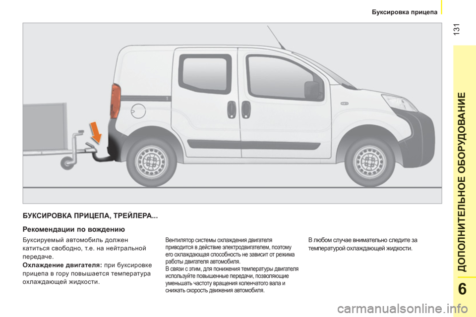 Peugeot Bipper 2011  Инструкция по эксплуатации (in Russian) 131
6
ДОПОЛНИТЕЛЬНОЕ ОБОРУДОВАНИ
Е
 
 
 
Буксировка прицепа
БУКСИРОВКА ПРИЦЕПА, ТРЕЙЛЕРА...
   
Рекомендации по вож