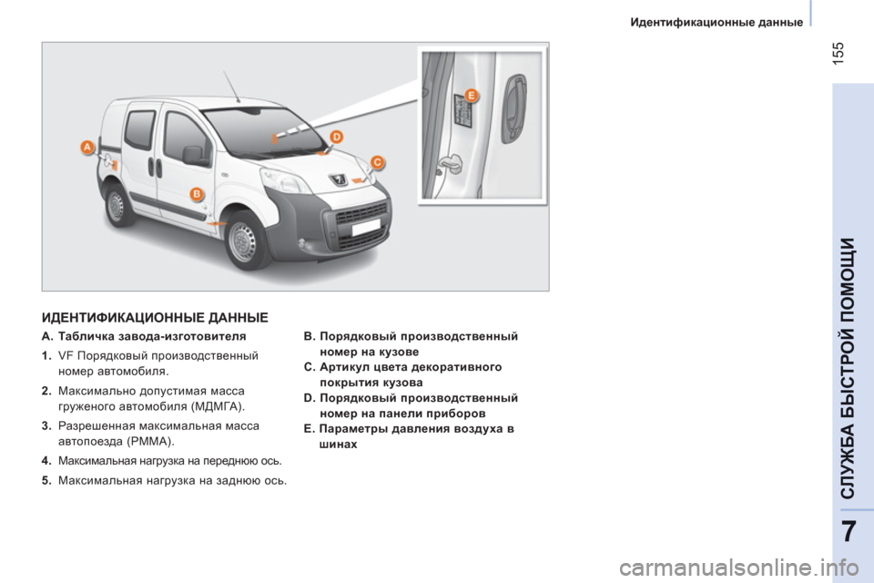 Peugeot Bipper 2011  Инструкция по эксплуатации (in Russian) 155
7
СЛУЖБА БЫСТРОЙ ПОМОЩ
И
 
 
 
Идентификационные данные 
 
 
 
ИДЕНТИФИКАЦИОННЫЕ ДАННЫЕ 
 
 
 
A. Табличка завода-и