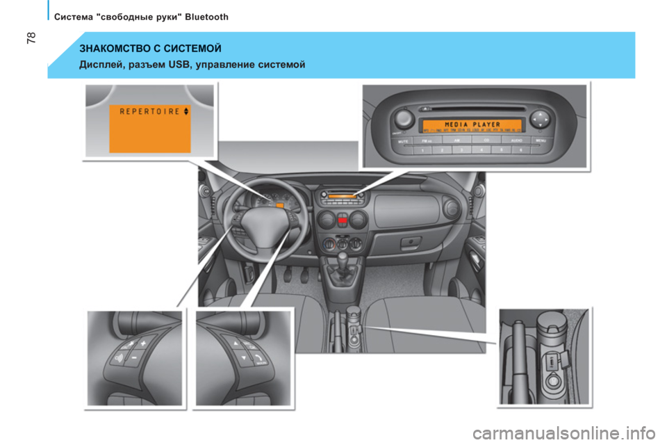 Peugeot Bipper 2011  Инструкция по эксплуатации (in Russian) 78
   
Система "свободные руки" Bluetooth  
 
 
 
 
ЗНАКОМСТВО С СИСТЕМОЙ 
   
Дисплей, разъем USB, управление системой 
  