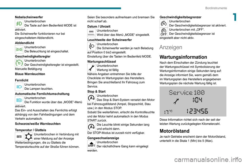 Peugeot Boxer 2020 Betriebsanleitung (in German) 11
Bordinstrumente
1NebelscheinwerferUnunterbrochen
Die Taste auf dem Bedienfeld MODE ist
aktiviert.
Die Scheinwerfer funktionieren nur bei
eingeschaltetem Abblendlicht.
AbblendlichtUnunterbrochen
D Peugeot Boxer 2020 Betriebsanleitung (in German) 11
Bordinstrumente
1NebelscheinwerferUnunterbrochen
Die Taste auf dem Bedienfeld MODE ist
aktiviert.
Die Scheinwerfer funktionieren nur bei
eingeschaltetem Abblendlicht.
AbblendlichtUnunterbrochen
D