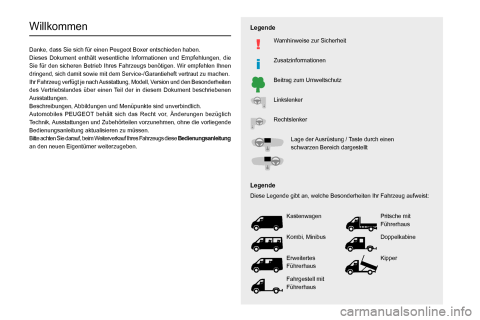 Peugeot Boxer 2020  Betriebsanleitung (in German)   
 
 
 
 
 
 
 
  
 
 
  
 
 
  
  
   
   
 
  
Willkommen
Danke, dass Sie sich für einen Peugeot Boxer entschieden haben.
Dieses Dokument enthält wesentliche Informationen und Empfehlungen, die 
