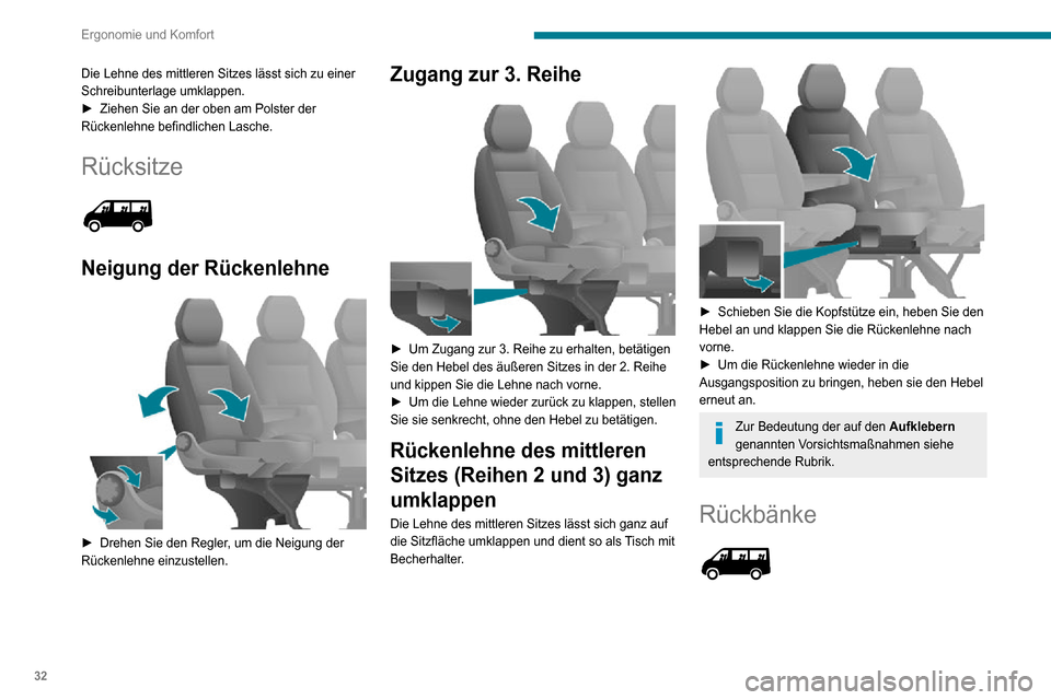 Peugeot Boxer 2020 Betriebsanleitung (in German) 32
Ergonomie und Komfort
Die Lehne des mittleren Sitzes lässt sich zu einer
Schreibunterlage umklappen.
► Ziehen Sie an der oben am Polster der Rückenlehne befindlichen Lasche.
Rücksitze
Neig Peugeot Boxer 2020 Betriebsanleitung (in German) 32
Ergonomie und Komfort
Die Lehne des mittleren Sitzes lässt sich zu einer
Schreibunterlage umklappen.
► Ziehen Sie an der oben am Polster der Rückenlehne befindlichen Lasche.
Rücksitze
Neig
