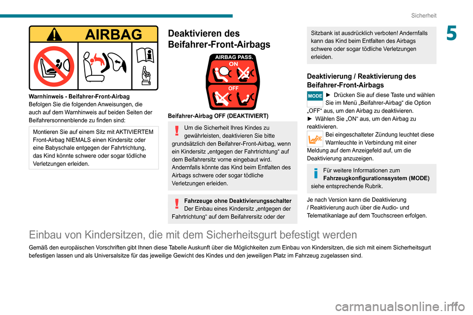 Peugeot Boxer 2020 Betriebsanleitung (in German) 65
Sicherheit
5
Warnhinweis - Beifahrer-Front-Airbag
Befolgen Sie die folgenden Anweisungen, die
auch auf dem Warnhinweis auf beiden Seiten der
Beifahrersonnenblende zu finden sind:
Montieren Sie Peugeot Boxer 2020 Betriebsanleitung (in German) 65
Sicherheit
5
Warnhinweis - Beifahrer-Front-Airbag
Befolgen Sie die folgenden Anweisungen, die
auch auf dem Warnhinweis auf beiden Seiten der
Beifahrersonnenblende zu finden sind:
Montieren Sie
